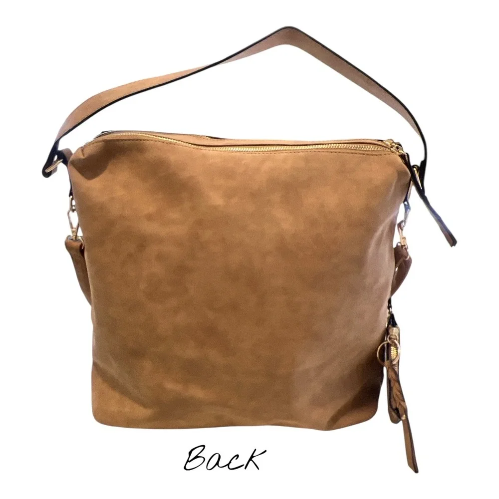 VR NYC Multi-Zip Trim Messenger Handbag Tote Purse Beige Faux Leather Urban Chic